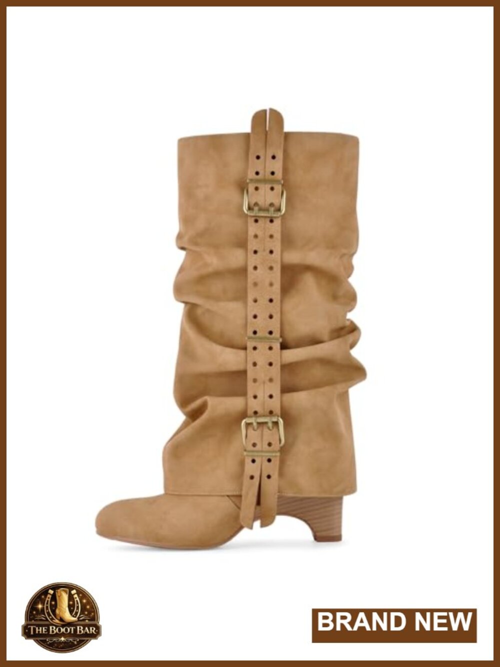 Richealnana Women's Fold Over Slouch Knee High Ruched Boots Block Heel Buckles